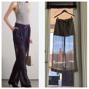 NWOT Free People Tan Pants Sheer Legs Straight Pleated Flirty Feminine Dressy